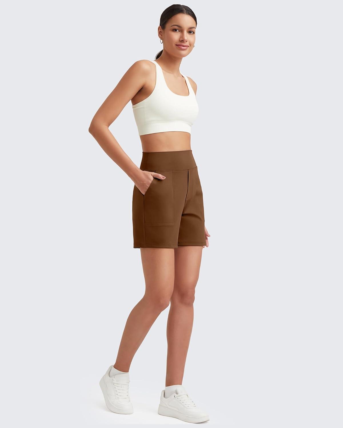 imageG4Free Womens 5 Athletic Shorts High Waisted Running Yoga Shorts Summer Casual Shorts with PocketsDark Coffee