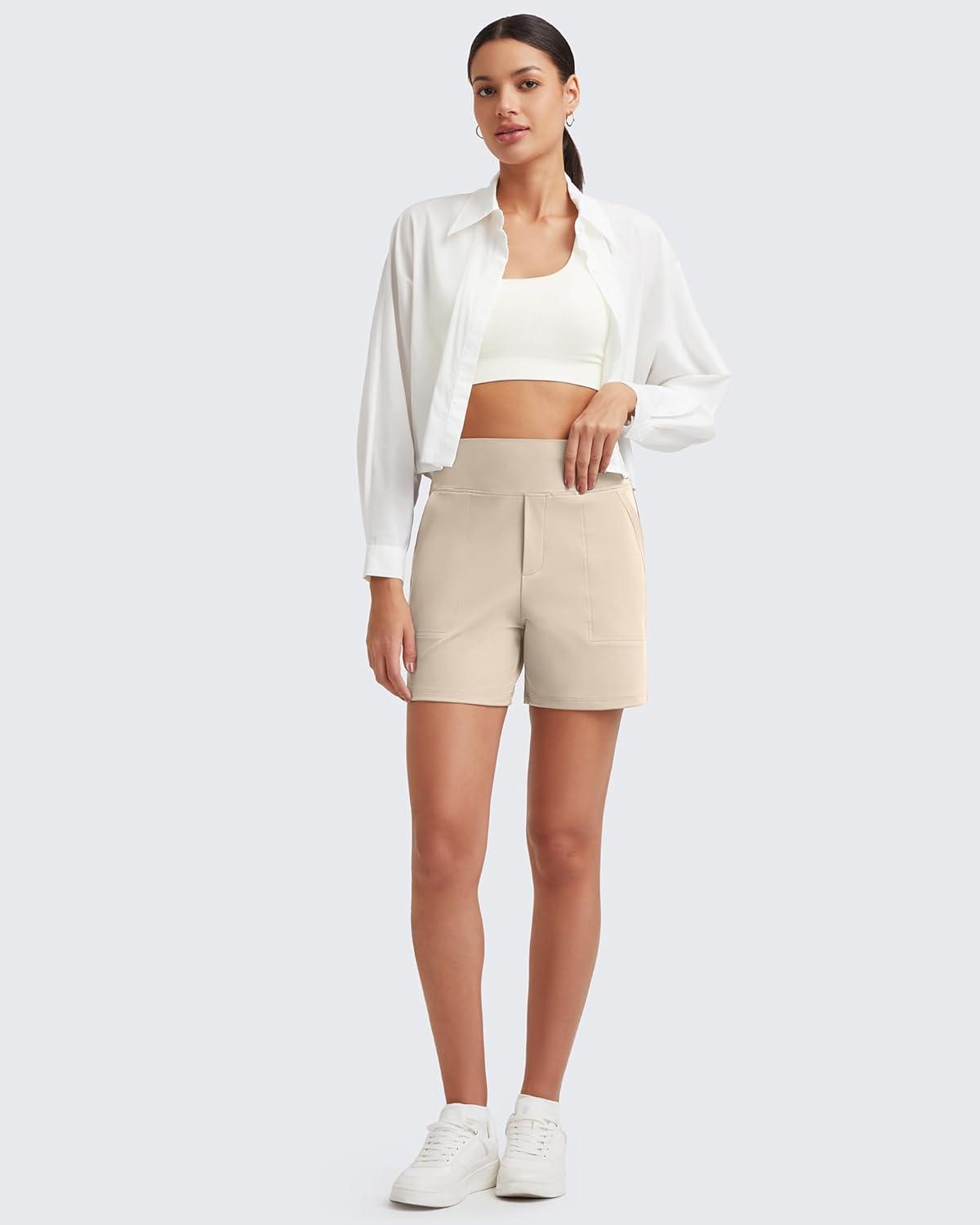 imageG4Free Womens 5 Athletic Shorts High Waisted Running Yoga Shorts Summer Casual Shorts with PocketsLight Khaki