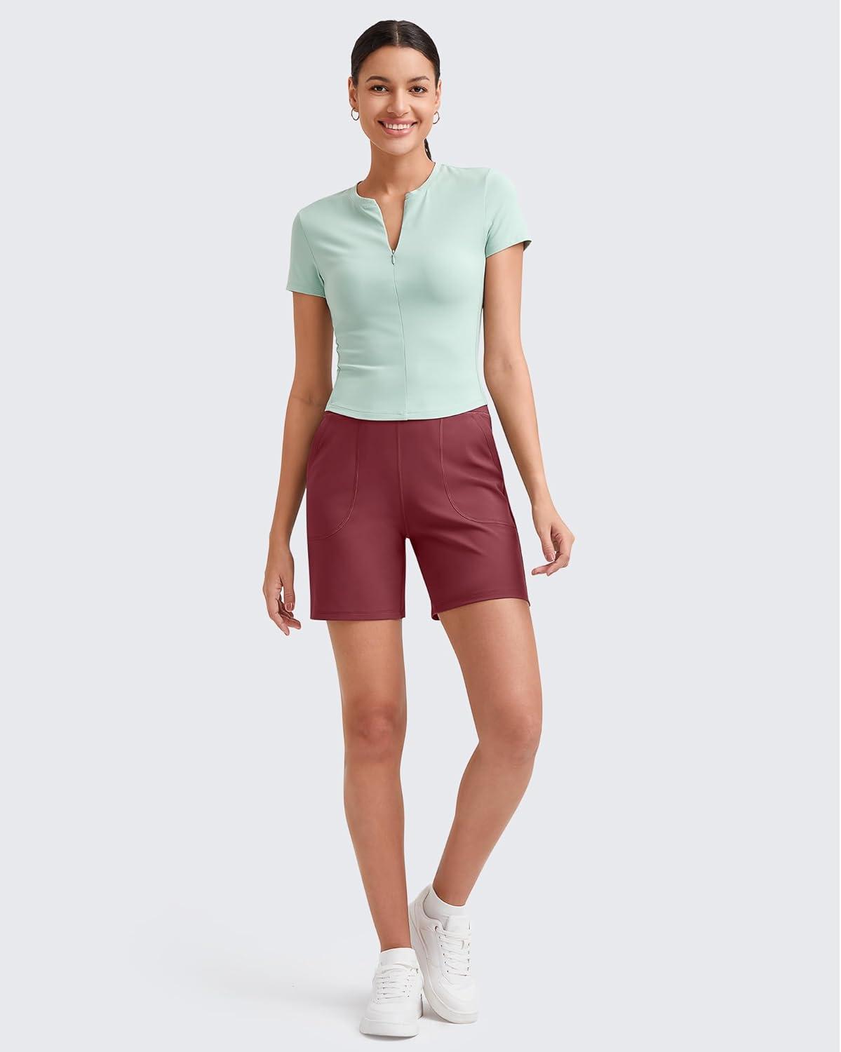 imageG4Free Womens Athletic Running Shorts High Waisted Bermuda Summer Casual Shorts for Golf Yoga with PocketsDark Burgundy