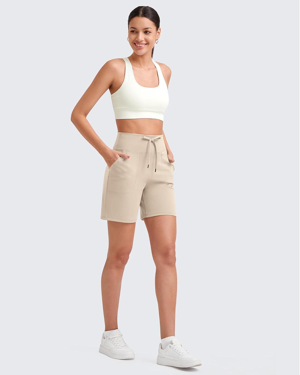 imageG4Free Womens Athletic Running Shorts High Waisted Bermuda Summer Casual Shorts for Golf Yoga with PocketsLight Khaki