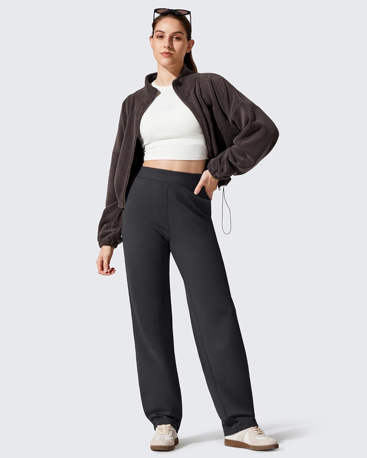 imageG4Free Womens Fleece Lined Sweatpants High Waisted Wide Leg Pants with Pockets Winter Warm Trousers CasualBlack
