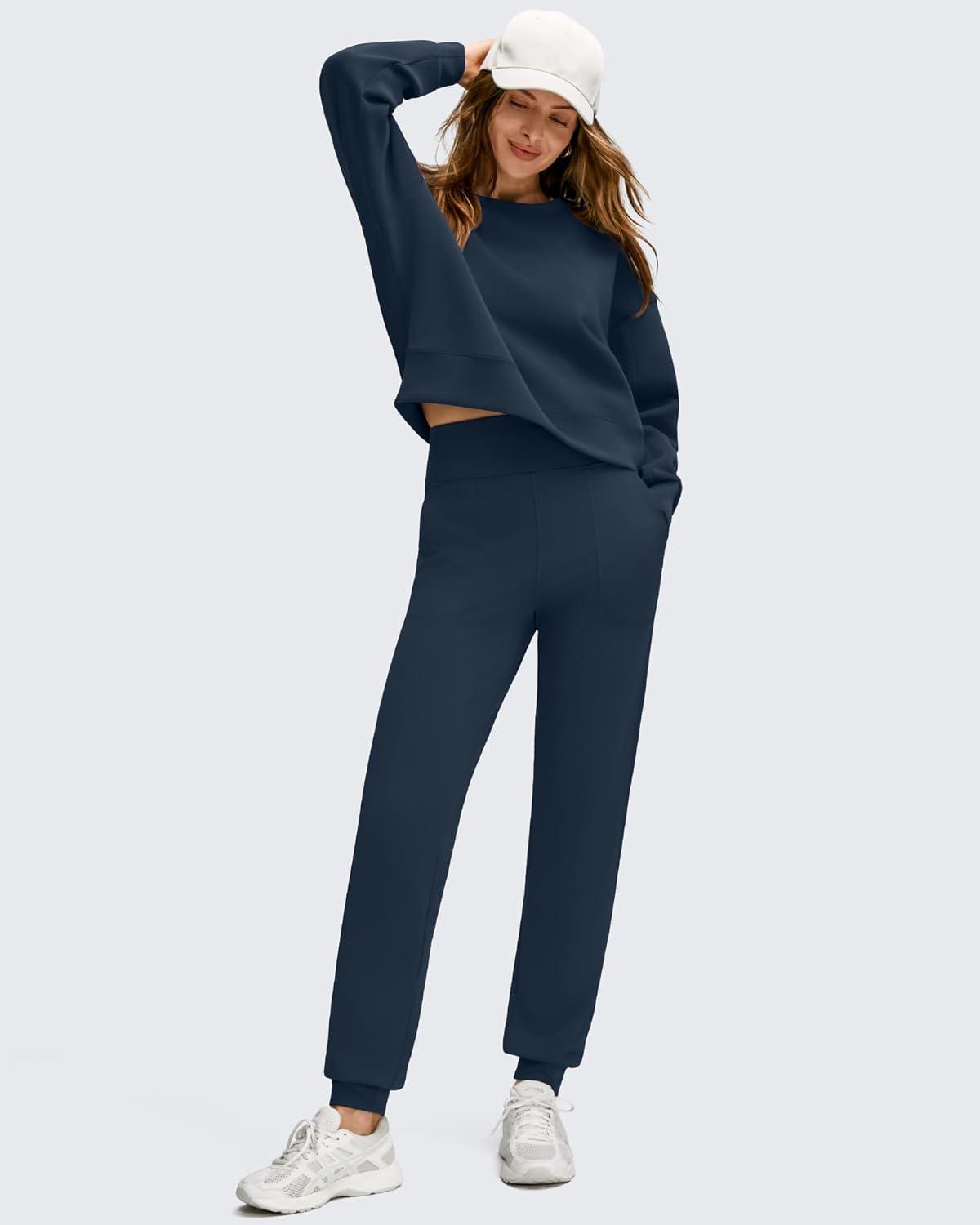 imageG4Free Womens Fleece Lined Workout Joggers with Pockets High Waisted Sweatpants Hiking Running Outdoor PantsDark Navy