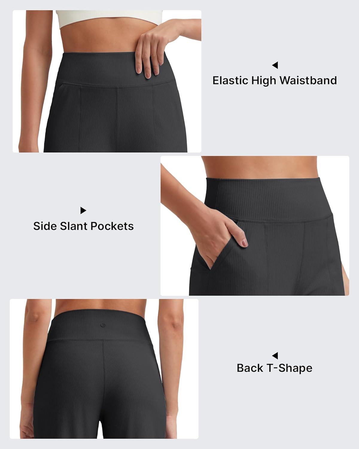 imageG4Free Womens Ribbed Wide Leg Yoga Capri Pants High Waist Summer Lightweight Loose Cropped Pants with PocketsBlack