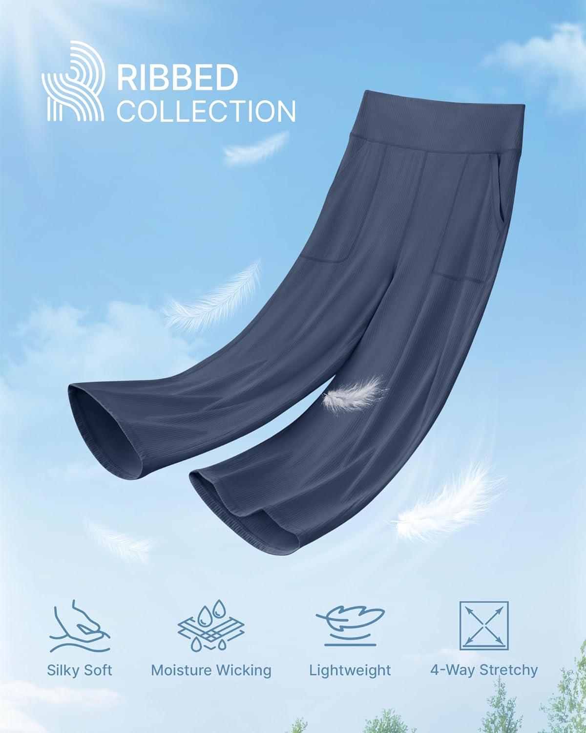 imageG4Free Womens Ribbed Wide Leg Yoga Capri Pants High Waist Summer Lightweight Loose Cropped Pants with PocketsDark Navy