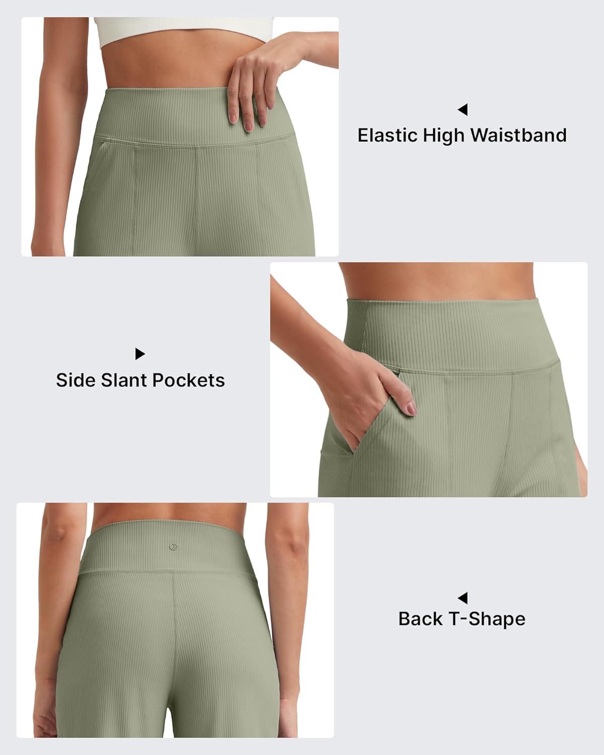 imageG4Free Womens Ribbed Wide Leg Yoga Capri Pants High Waist Summer Lightweight Loose Cropped Pants with PocketsGray Olive