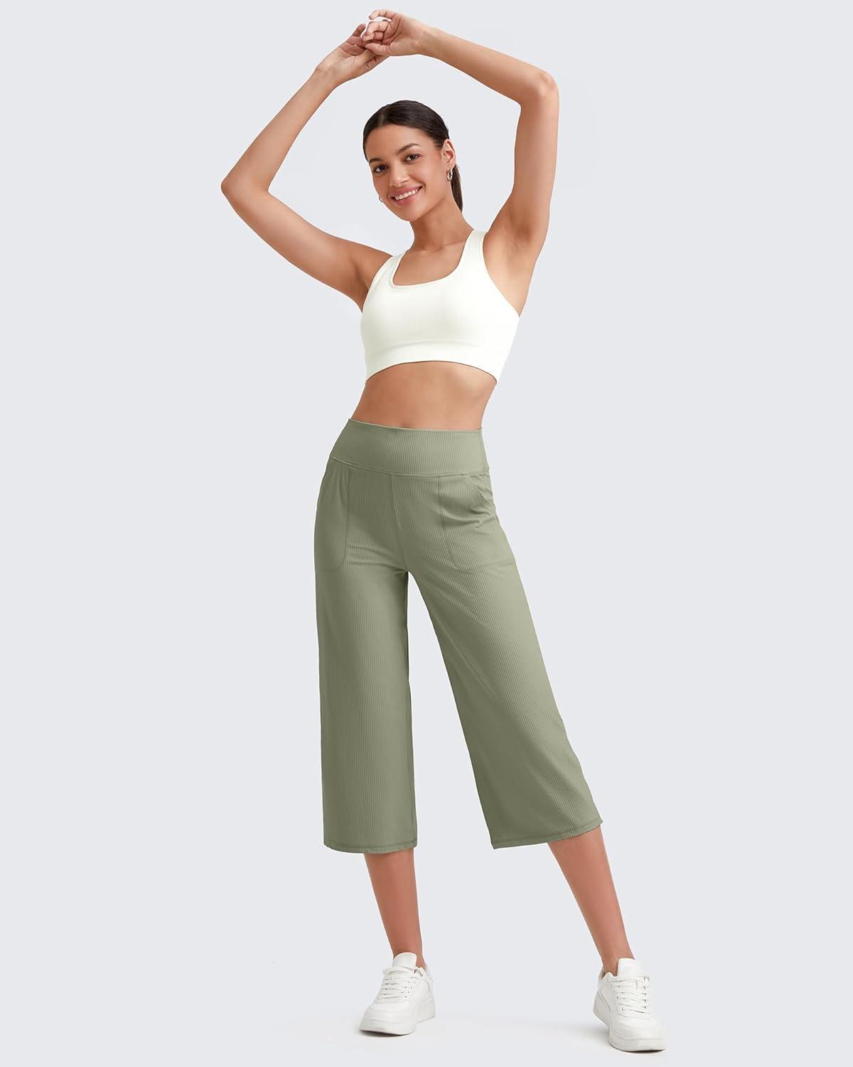 imageG4Free Womens Ribbed Wide Leg Yoga Capri Pants High Waist Summer Lightweight Loose Cropped Pants with PocketsGray Olive