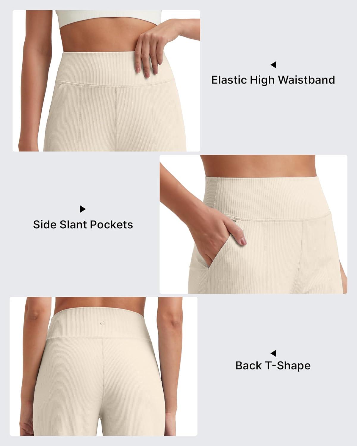 imageG4Free Womens Ribbed Wide Leg Yoga Capri Pants High Waist Summer Lightweight Loose Cropped Pants with PocketsLight Khaki