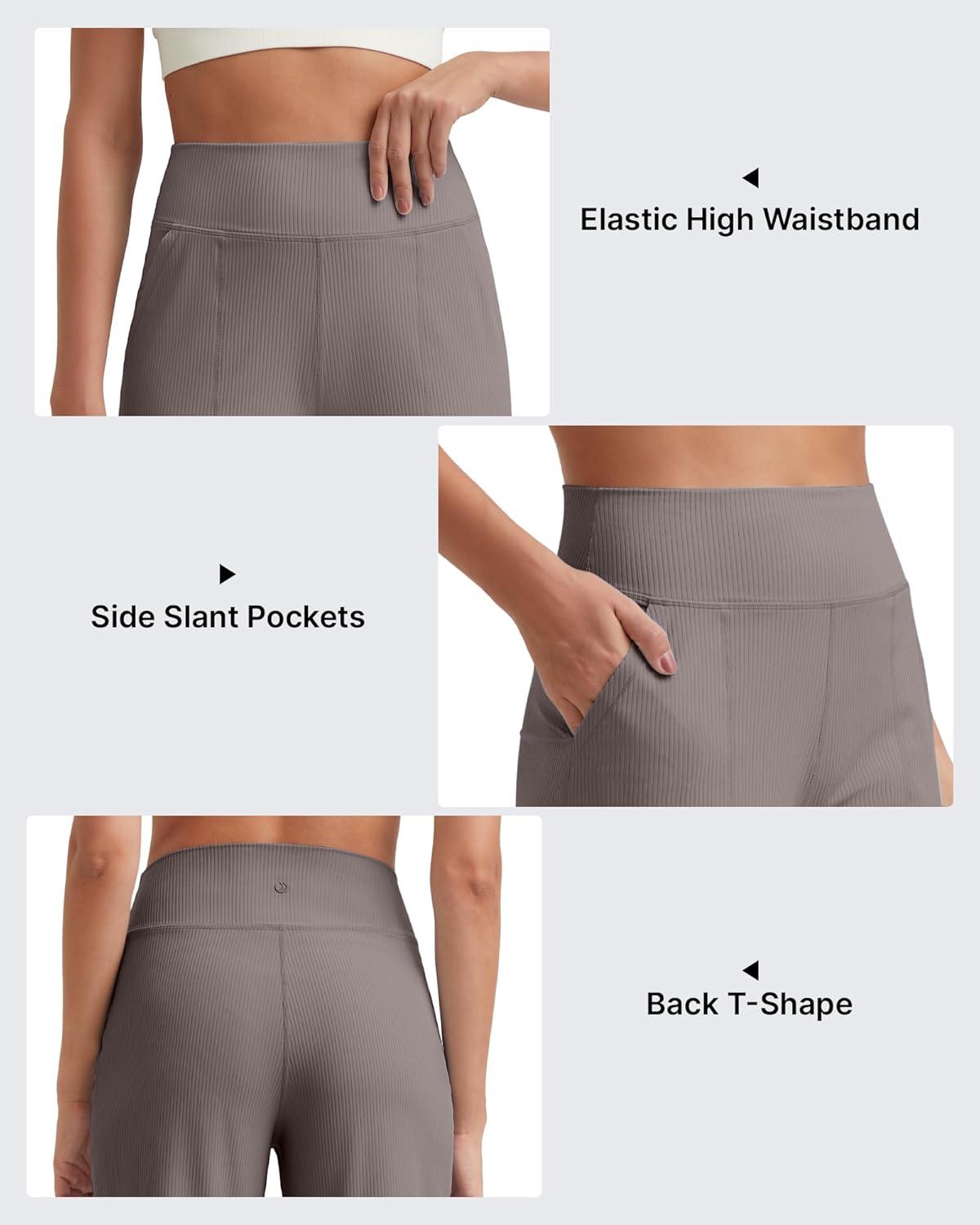 imageG4Free Womens Ribbed Wide Leg Yoga Capri Pants High Waist Summer Lightweight Loose Cropped Pants with PocketsTaupe