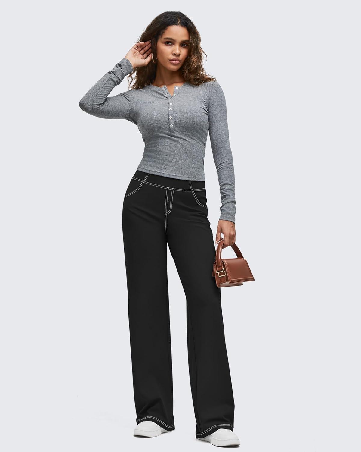 imageG4Free Womens Wide Leg Pants Casual High Waisted Yoga Pants with 4 Pockets StretchBlack