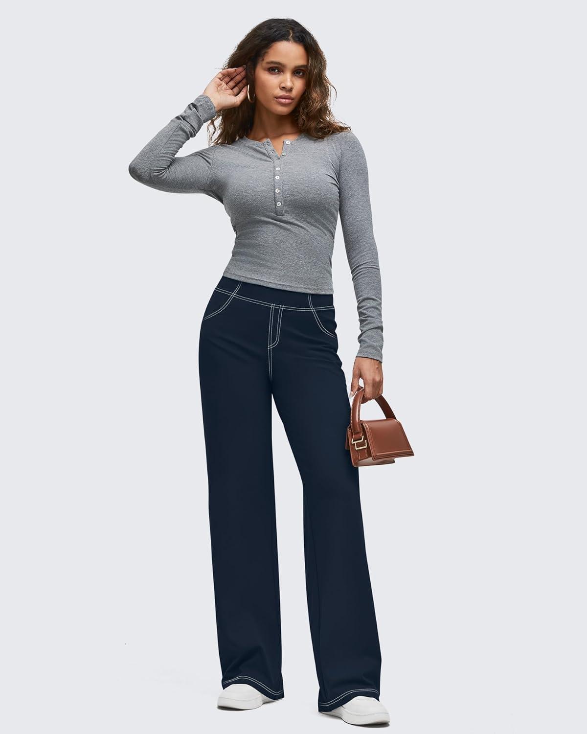 imageG4Free Womens Wide Leg Pants Casual High Waisted Yoga Pants with 4 Pockets StretchDark Navy
