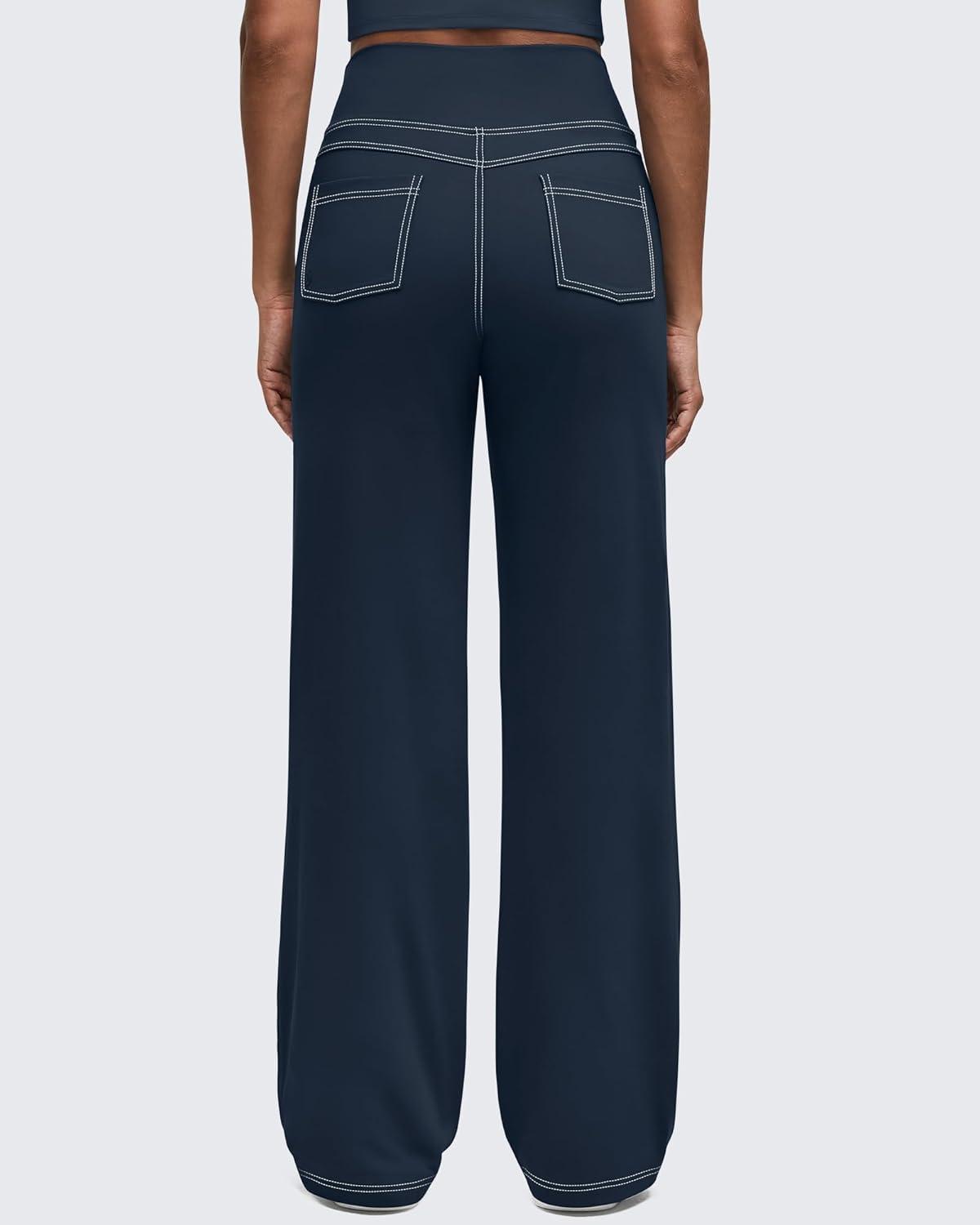 imageG4Free Womens Wide Leg Pants Casual High Waisted Yoga Pants with 4 Pockets StretchDark Navy