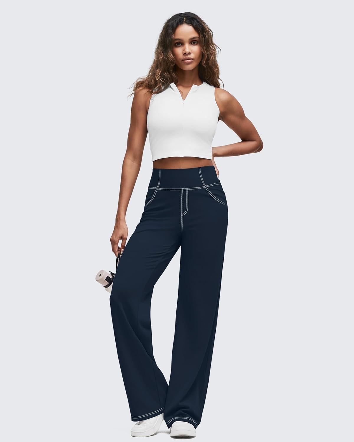 imageG4Free Womens Wide Leg Pants Casual High Waisted Yoga Pants with 4 Pockets StretchDark Navy