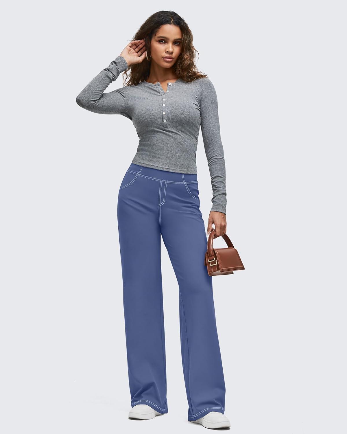 imageG4Free Womens Wide Leg Pants Casual High Waisted Yoga Pants with 4 Pockets StretchDenim Blue