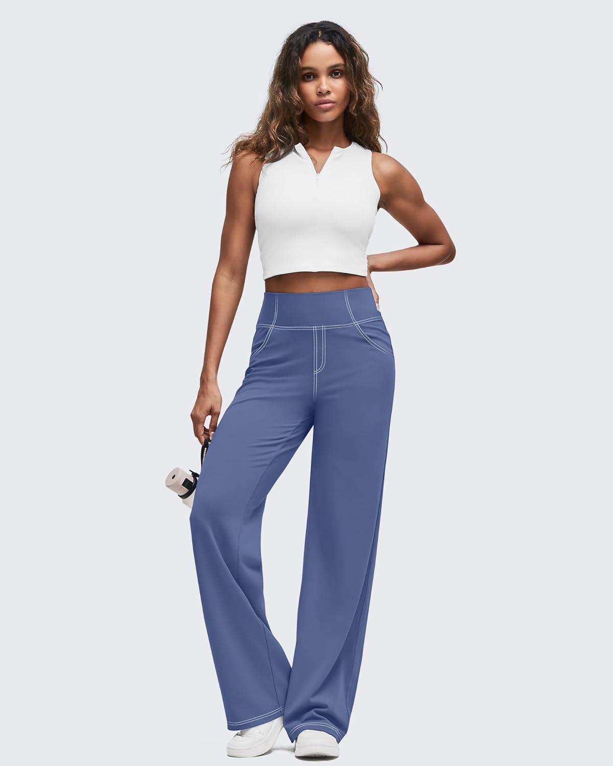 imageG4Free Womens Wide Leg Pants Casual High Waisted Yoga Pants with 4 Pockets StretchDenim Blue