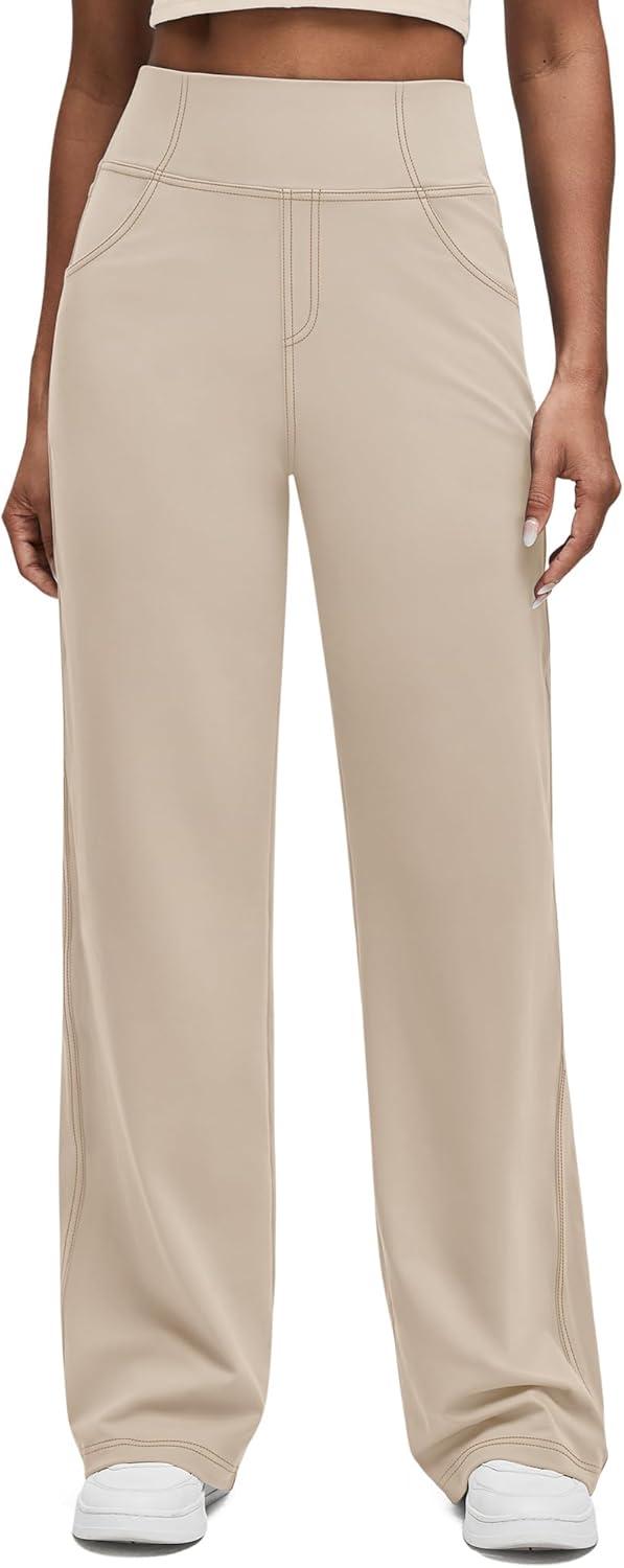 imageG4Free Womens Wide Leg Pants Casual High Waisted Yoga Pants with 4 Pockets StretchLight Khaki