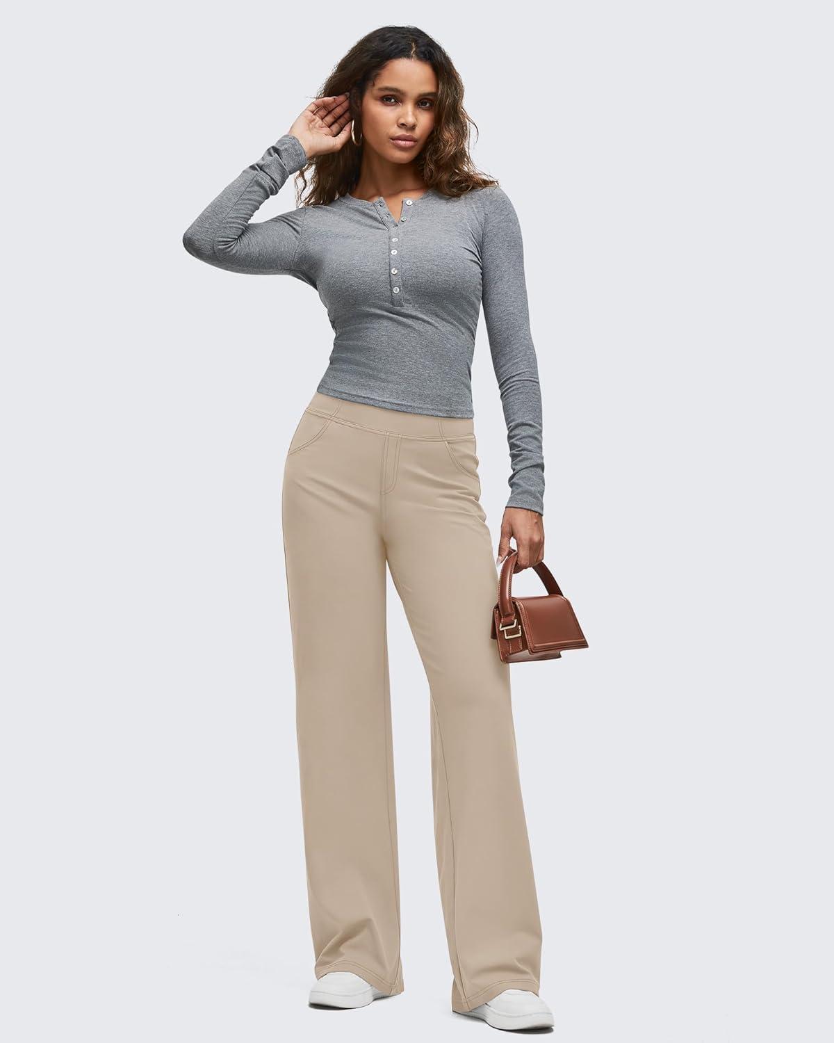 imageG4Free Womens Wide Leg Pants Casual High Waisted Yoga Pants with 4 Pockets StretchLight Khaki