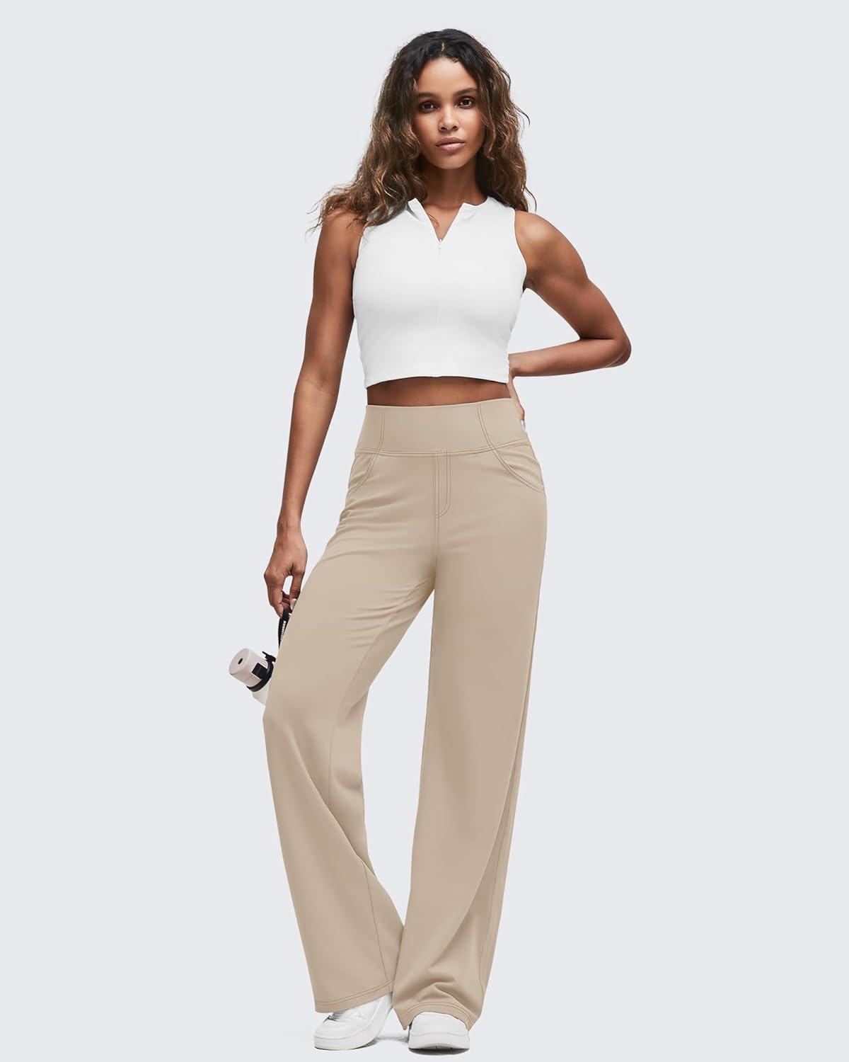 imageG4Free Womens Wide Leg Pants Casual High Waisted Yoga Pants with 4 Pockets StretchLight Khaki