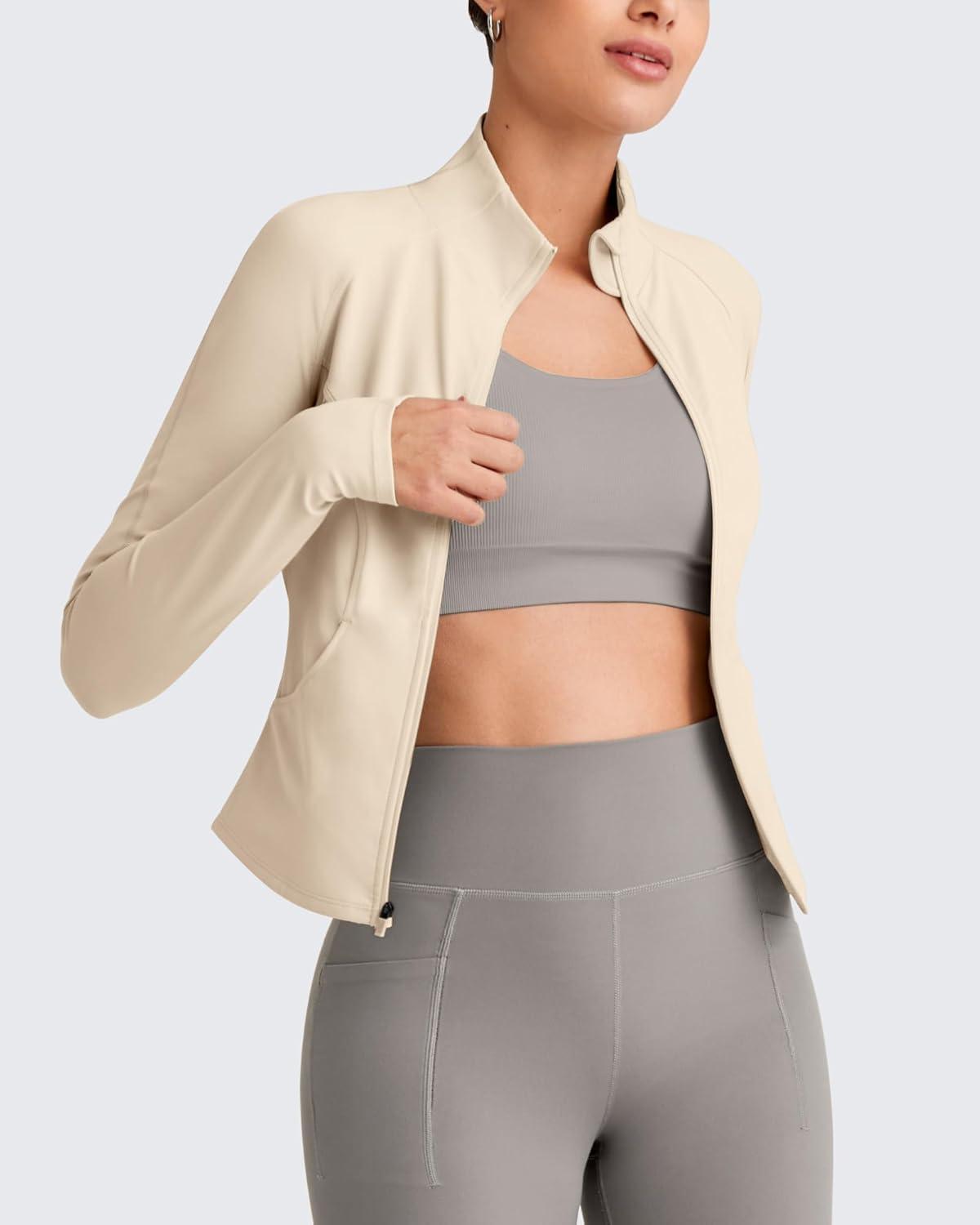 imageG4Free Workout Jackets for Woman BareFeel Cropped Zip Up Athletic Running Jacket Slim Fit Yoga Tops with Thumb HolesLight Khaki