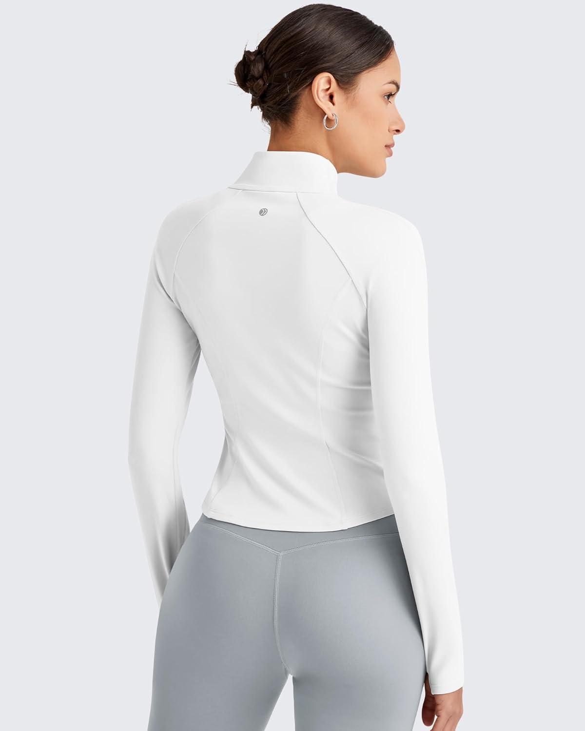 imageG4Free Workout Jackets for Woman BareFeel Cropped Zip Up Athletic Running Jacket Slim Fit Yoga Tops with Thumb HolesWhite