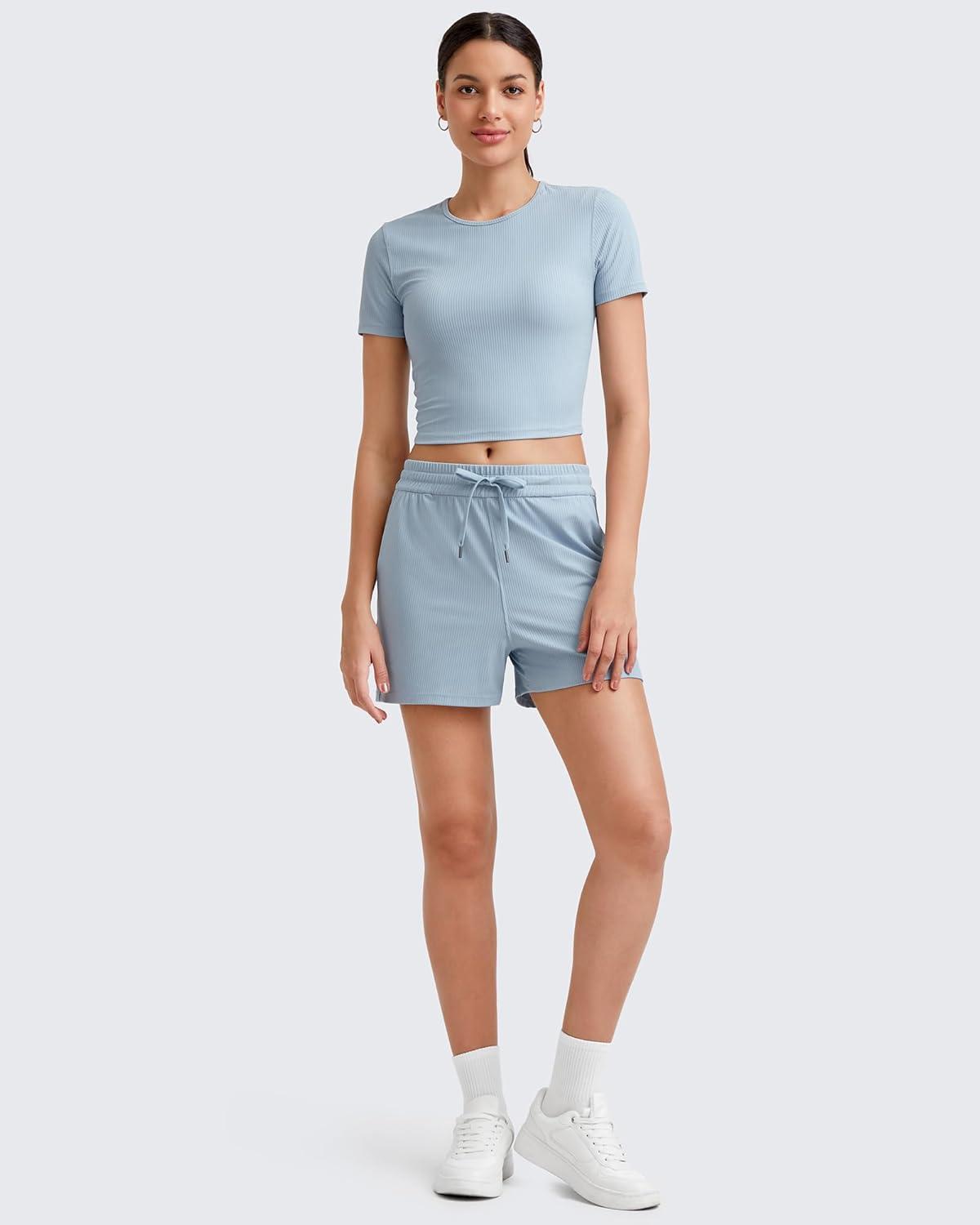 imageG4Free Workout Shirts Women Slim Fit Athletic Gym Work Out Tops Crop Short Sleeve Basic Yoga Tshirts Casual SummerBlue Willow
