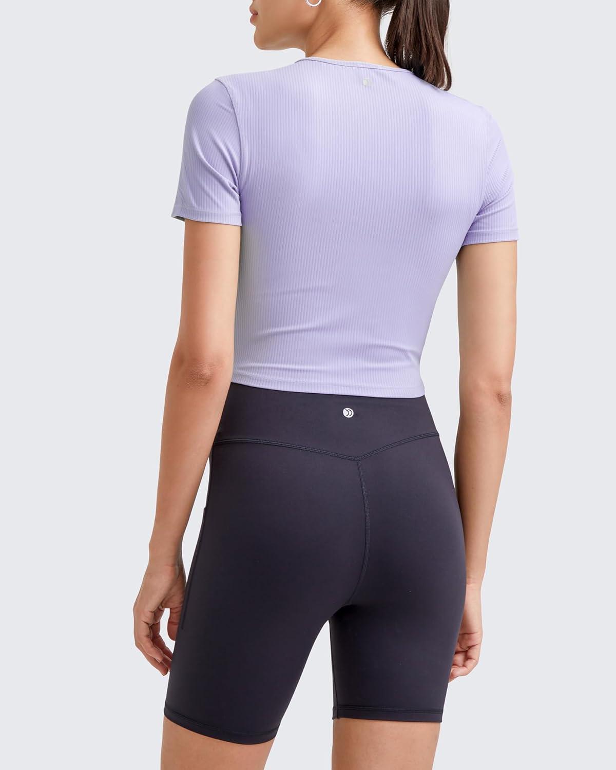 imageG4Free Workout Shirts Women Slim Fit Athletic Gym Work Out Tops Crop Short Sleeve Basic Yoga Tshirts Casual SummerLavender