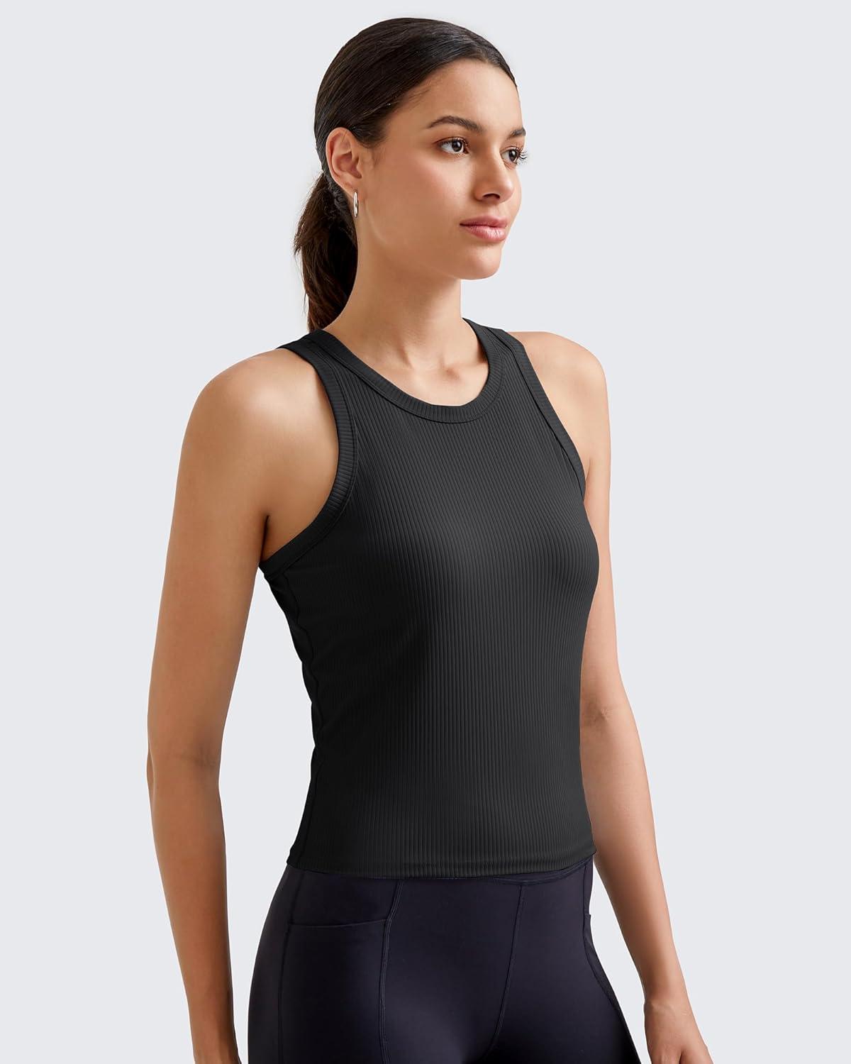 imageG4Free Workout Tank Tops for Women Slim Fitted Racerback Ribbed Athletic Gym Yoga Tanks Summer CasualBlack