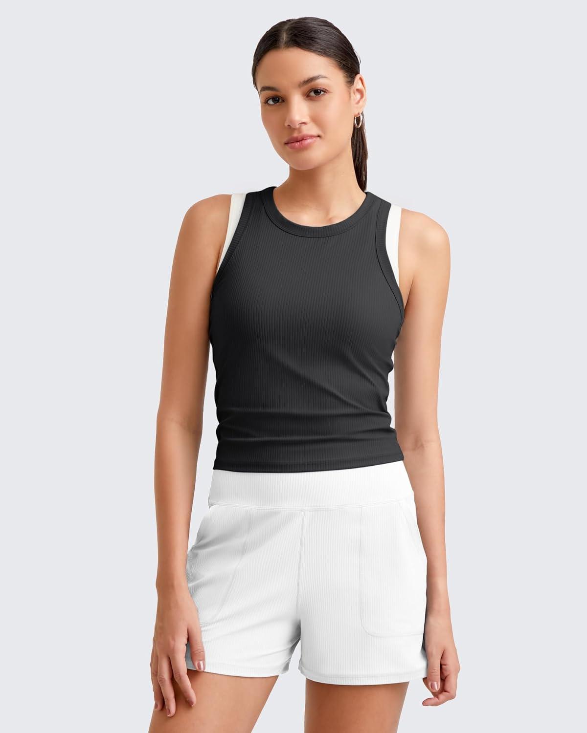 imageG4Free Workout Tank Tops for Women Slim Fitted Racerback Ribbed Athletic Gym Yoga Tanks Summer CasualBlack