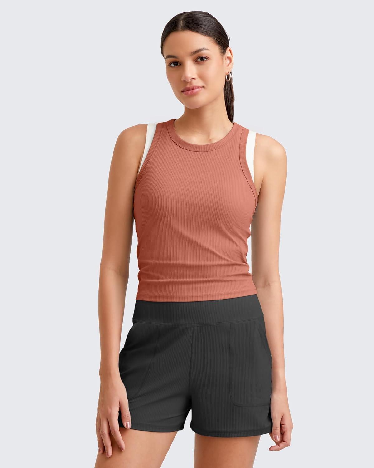 imageG4Free Workout Tank Tops for Women Slim Fitted Racerback Ribbed Athletic Gym Yoga Tanks Summer CasualBurnt Orange