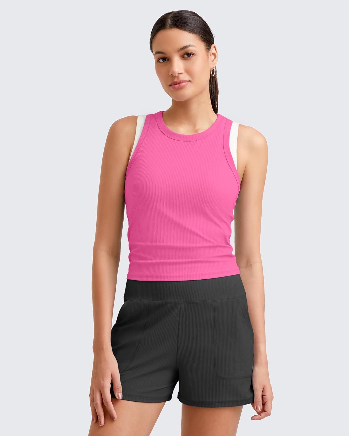 imageG4Free Workout Tank Tops for Women Slim Fitted Racerback Ribbed Athletic Gym Yoga Tanks Summer CasualHot Pink