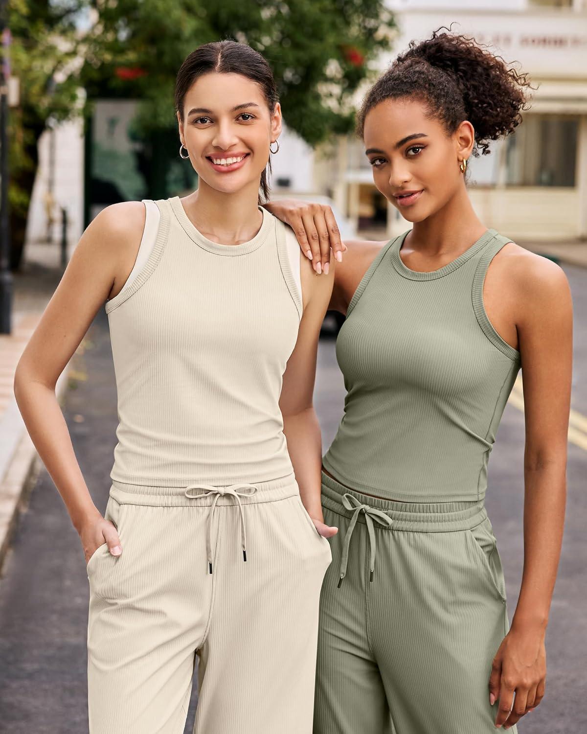 imageG4Free Workout Tank Tops for Women Slim Fitted Racerback Ribbed Athletic Gym Yoga Tanks Summer CasualLight Khaki