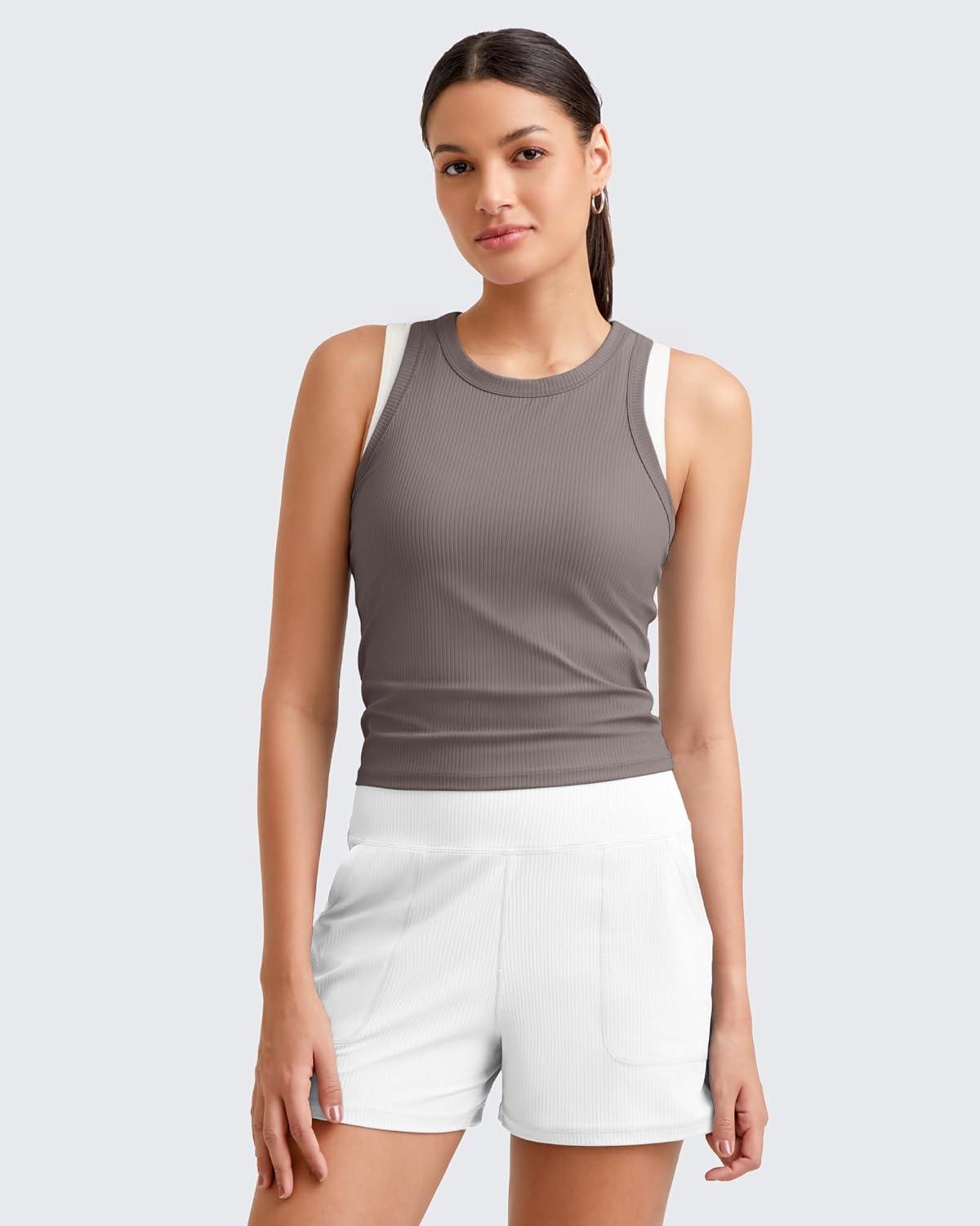 imageG4Free Workout Tank Tops for Women Slim Fitted Racerback Ribbed Athletic Gym Yoga Tanks Summer CasualTaupe