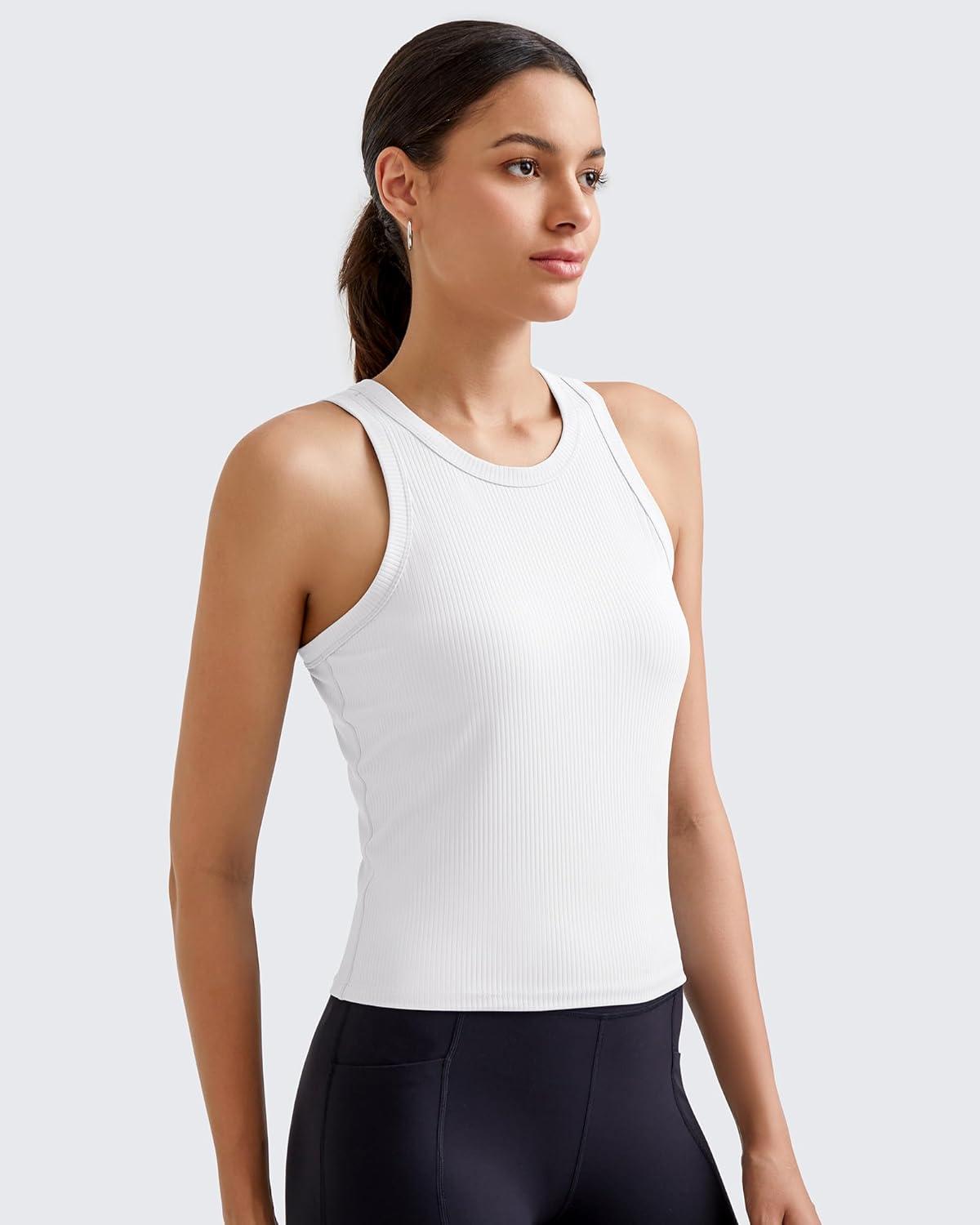 imageG4Free Workout Tank Tops for Women Slim Fitted Racerback Ribbed Athletic Gym Yoga Tanks Summer CasualWhite