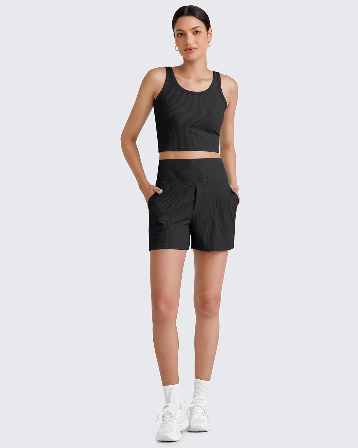 imageG4Free Workout Tank Tops for Women Slim Fitted U Neck Ribbed Athletic Gym Yoga Cropped Tanks Summer CasualBlack