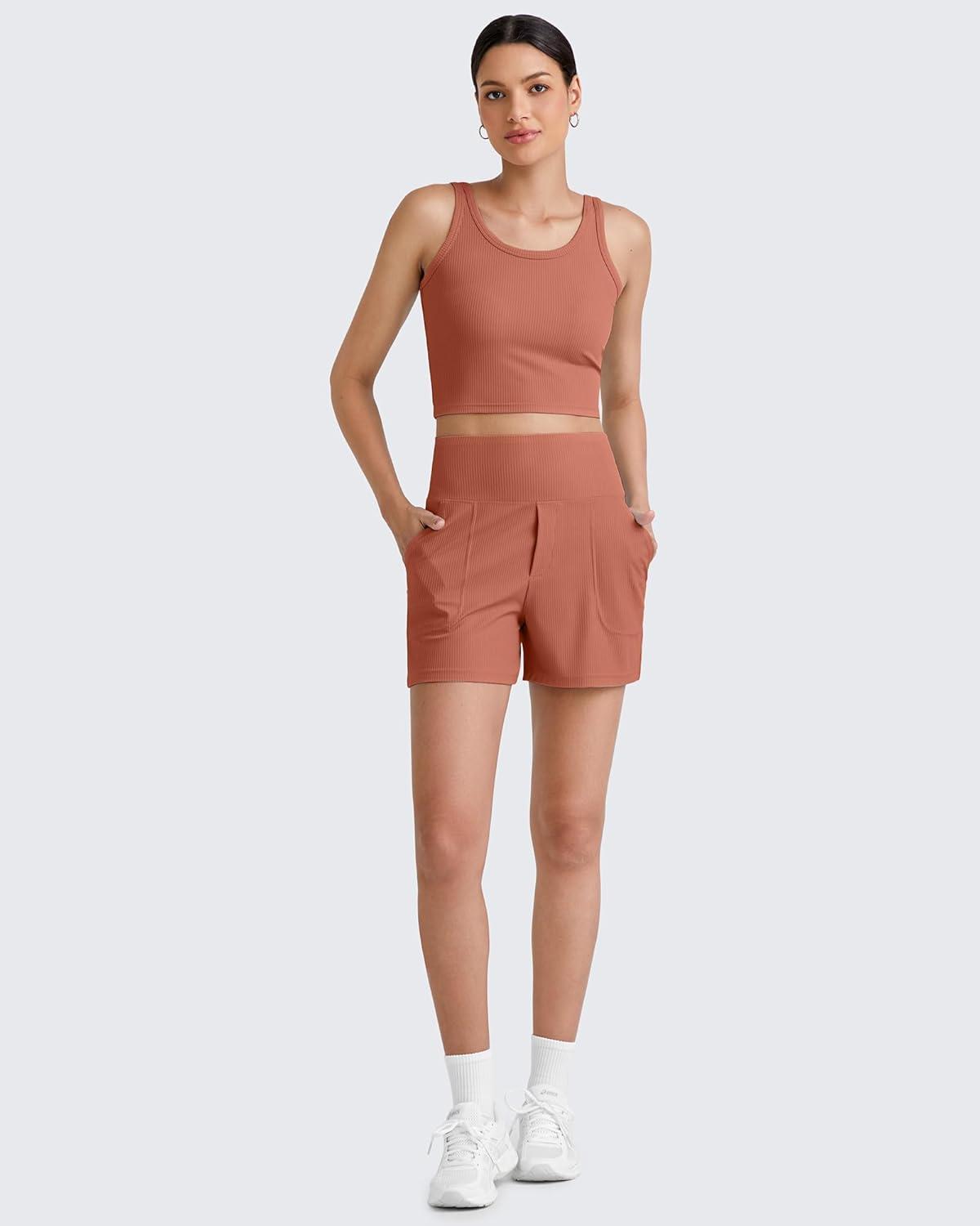 imageG4Free Workout Tank Tops for Women Slim Fitted U Neck Ribbed Athletic Gym Yoga Cropped Tanks Summer CasualBurnt Orange