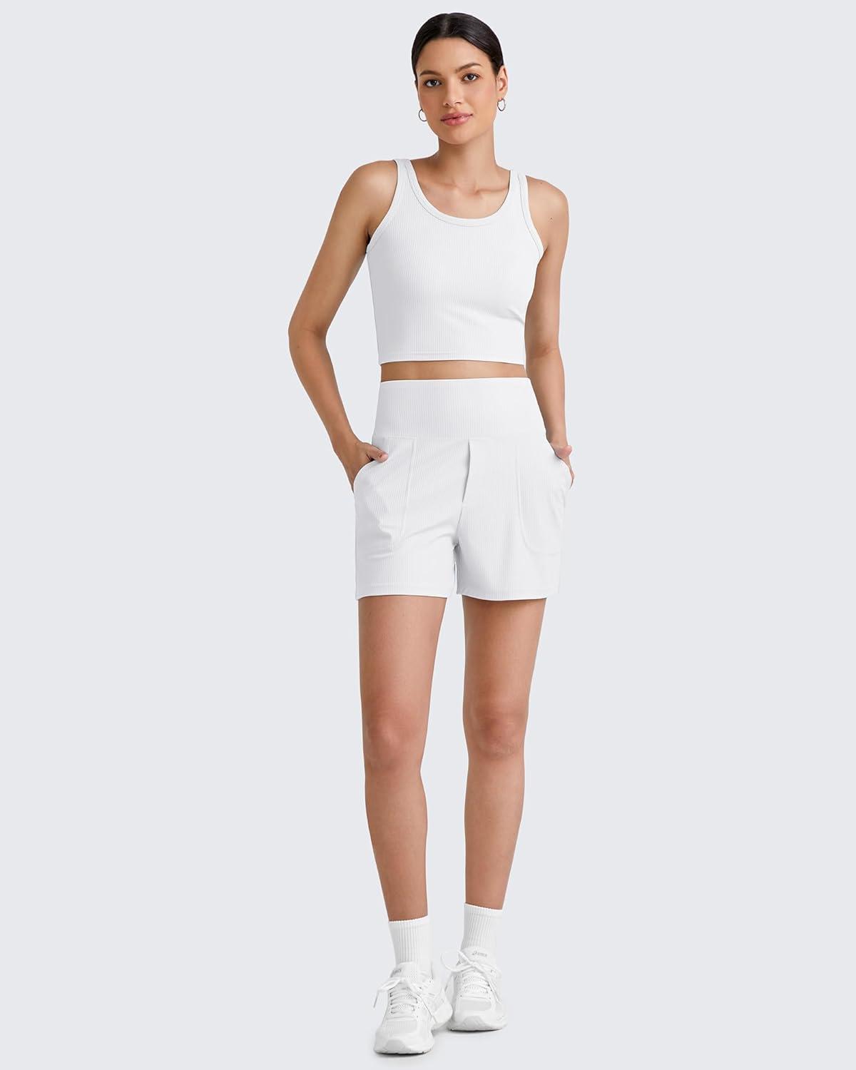 imageG4Free Workout Tank Tops for Women Slim Fitted U Neck Ribbed Athletic Gym Yoga Cropped Tanks Summer CasualWhite