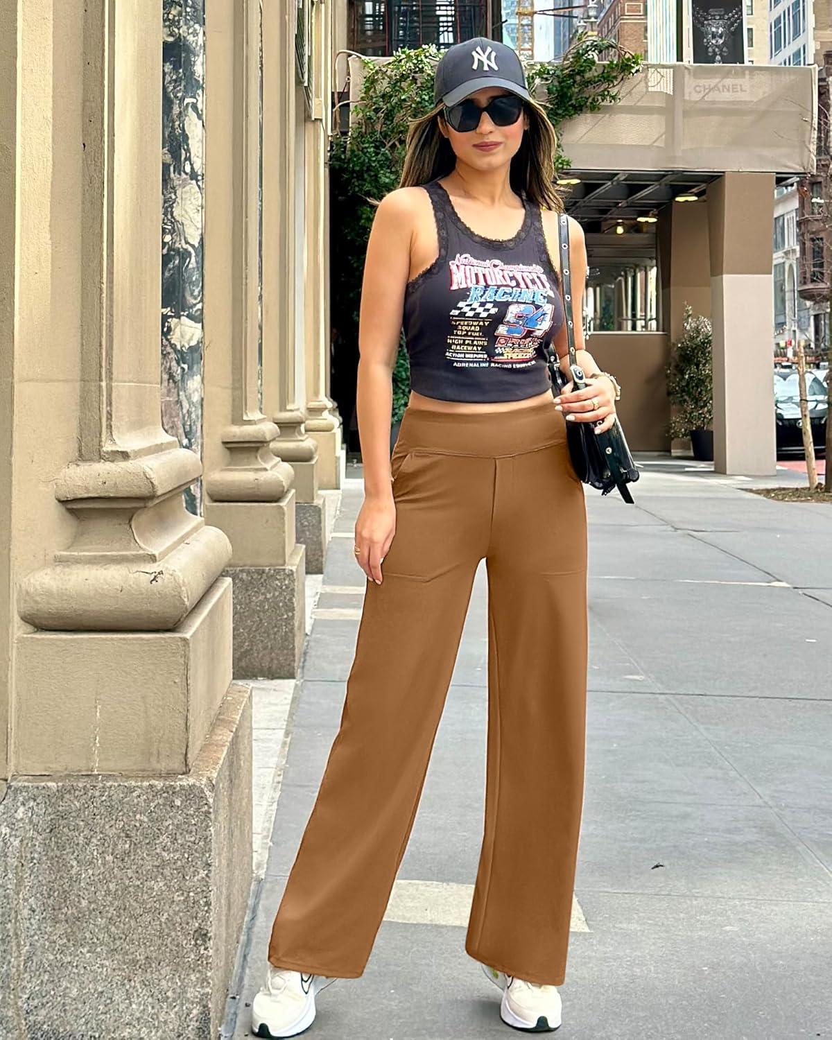 imageG4Free Yoga Pants Women Wide Leg Pants with Pockets High Waist Stretch Dress Casual Sweatpants PetiteRegularTallCoca Mocha