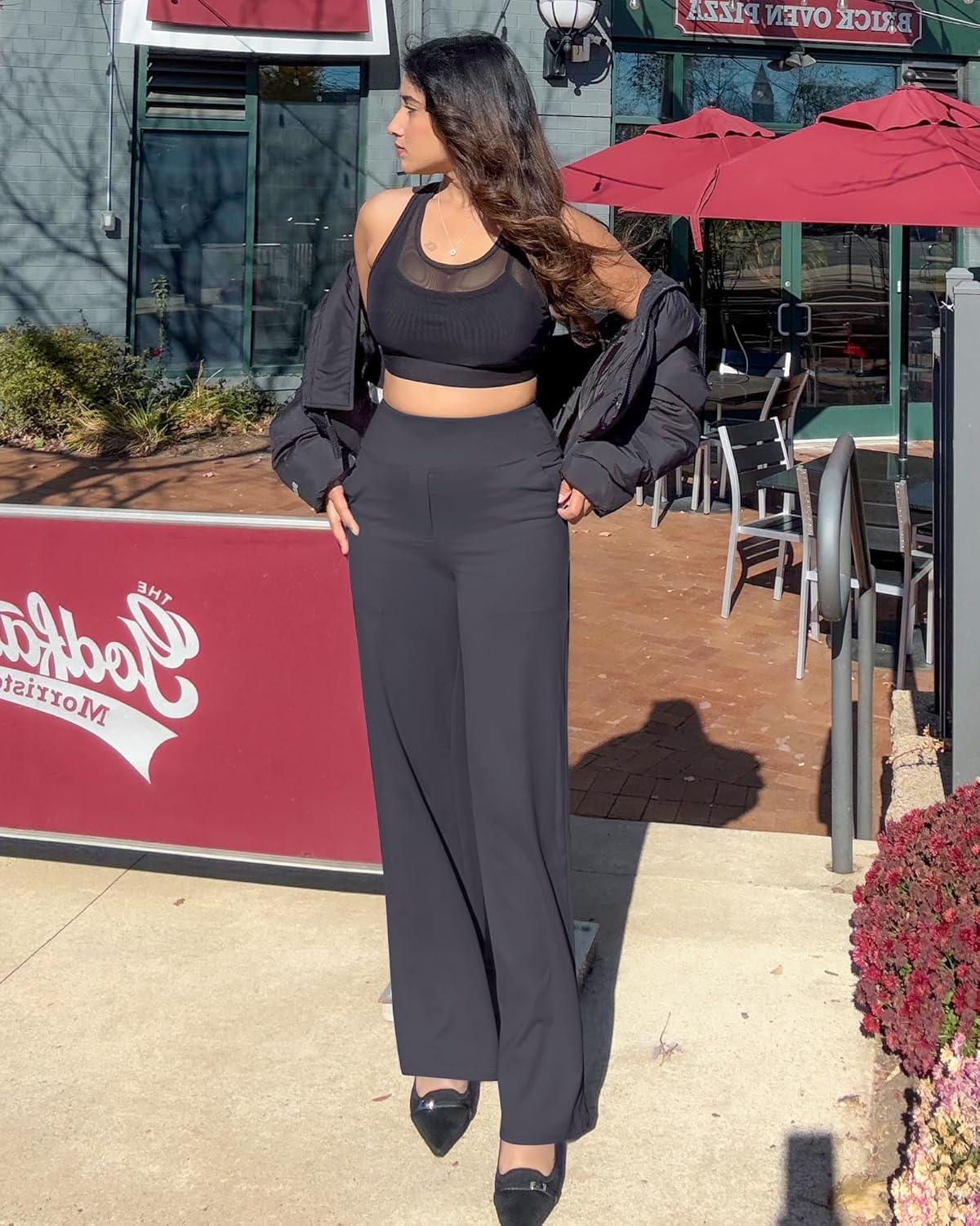 imageG4Free Yoga Pants Women Wide Leg Pants with Pockets High Waist Stretch Dress Casual Sweatpants PetiteRegularTallDark Grey