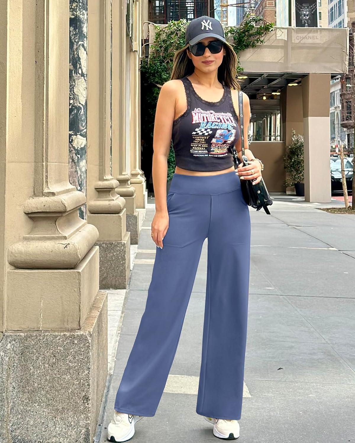 imageG4Free Yoga Pants Women Wide Leg Pants with Pockets High Waist Stretch Dress Casual Sweatpants PetiteRegularTallDemin Blue