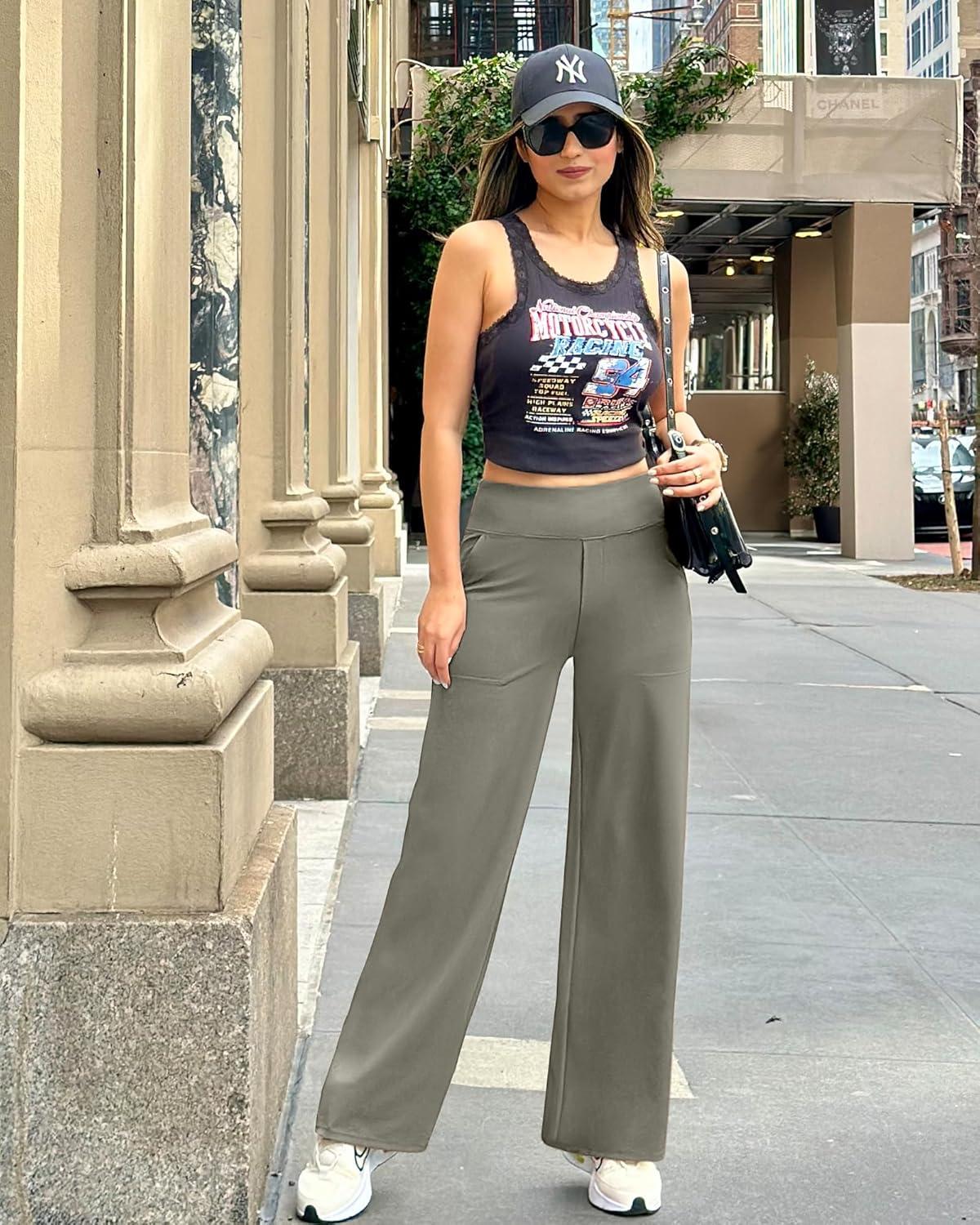 imageG4Free Yoga Pants Women Wide Leg Pants with Pockets High Waist Stretch Dress Casual Sweatpants PetiteRegularTallMocha Brown