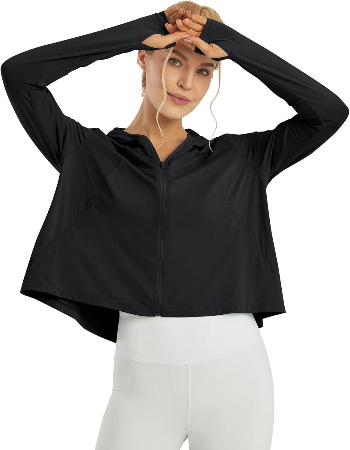 imageWomens UPF 50 Sun Protection Hoodie Shirts Lightweight Quick Dry Long Sleeve Zip Jacket with Pocket Hiking OutdoorBlack