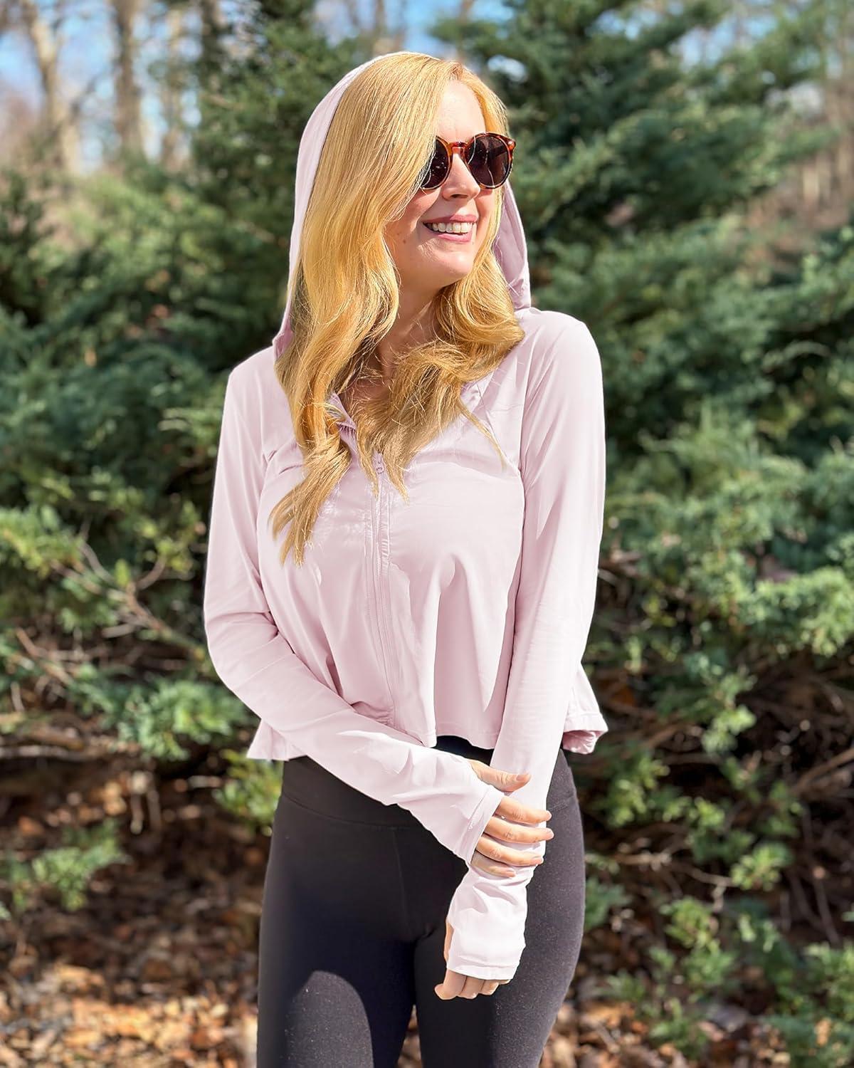 imageWomens UPF 50 Sun Protection Hoodie Shirts Lightweight Quick Dry Long Sleeve Zip Jacket with Pocket Hiking OutdoorPink