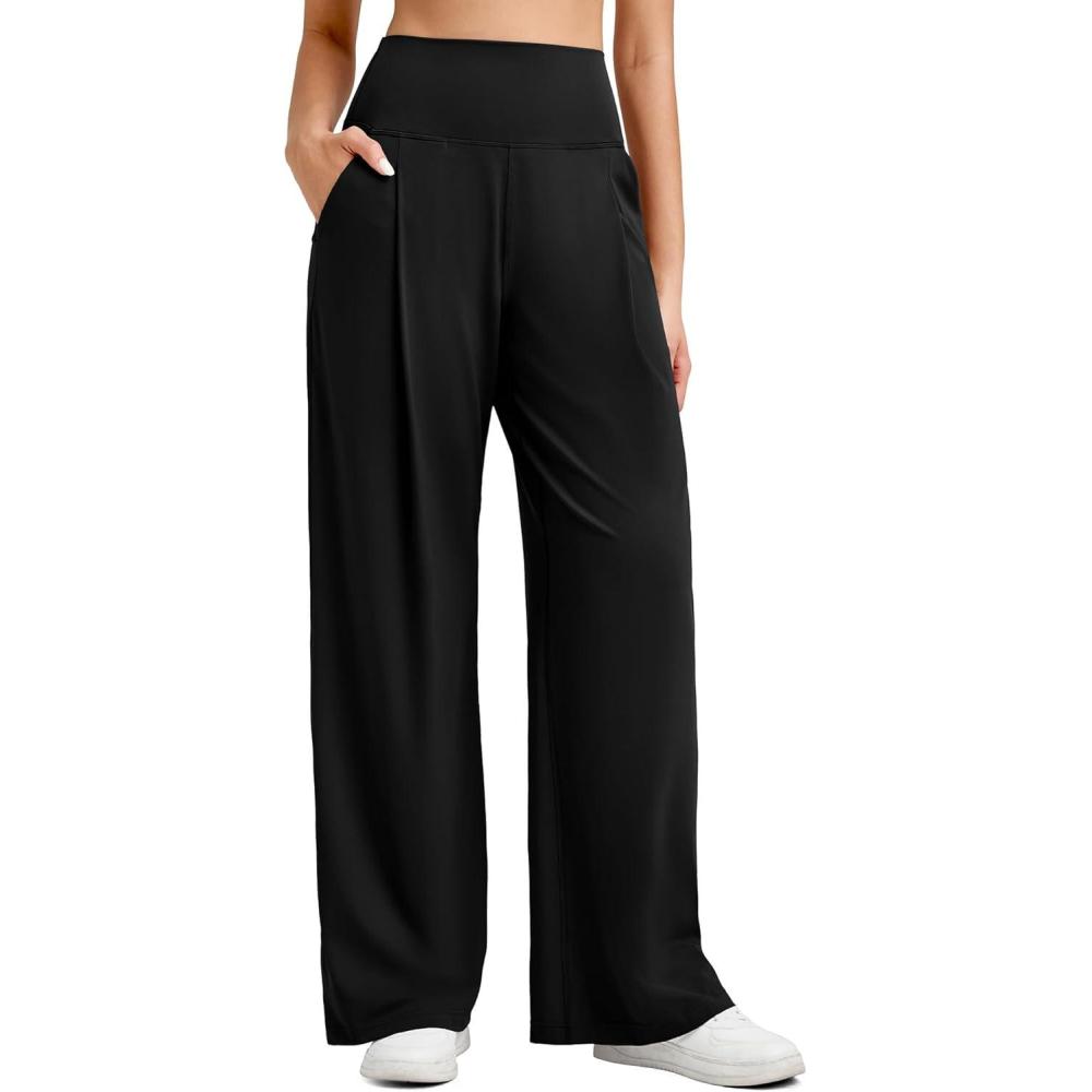 imageG4Free BareFeel High Stretch Wide Leg Pants for Women Soft High Waisted Pleated Casual Pants with Pockets 28quot30quot32quotBlack