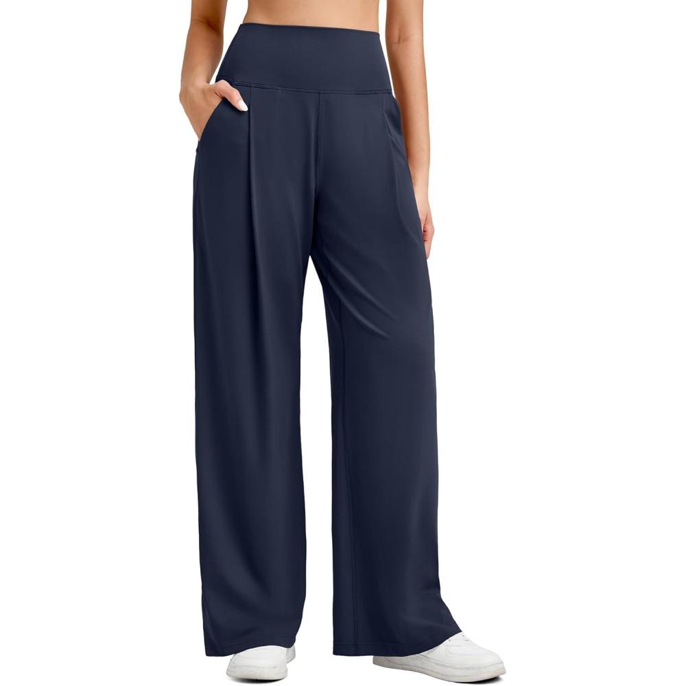 imageG4Free BareFeel High Stretch Wide Leg Pants for Women Soft High Waisted Pleated Casual Pants with Pockets 28quot30quot32quotDark Navy