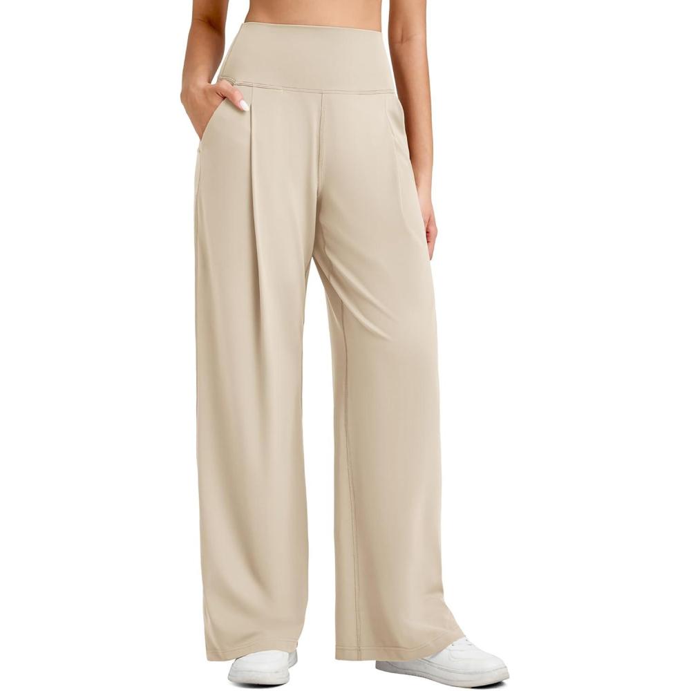 imageG4Free BareFeel High Stretch Wide Leg Pants for Women Soft High Waisted Pleated Casual Pants with Pockets 28quot30quot32quotLight Khaki