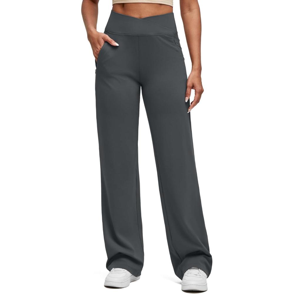 imageG4Free BareFeel High Stretch Women Wide Leg Yoga Pants Cross Waist Casual Trousers with Zipper Pockets 29quot31quot33quotDark Gray