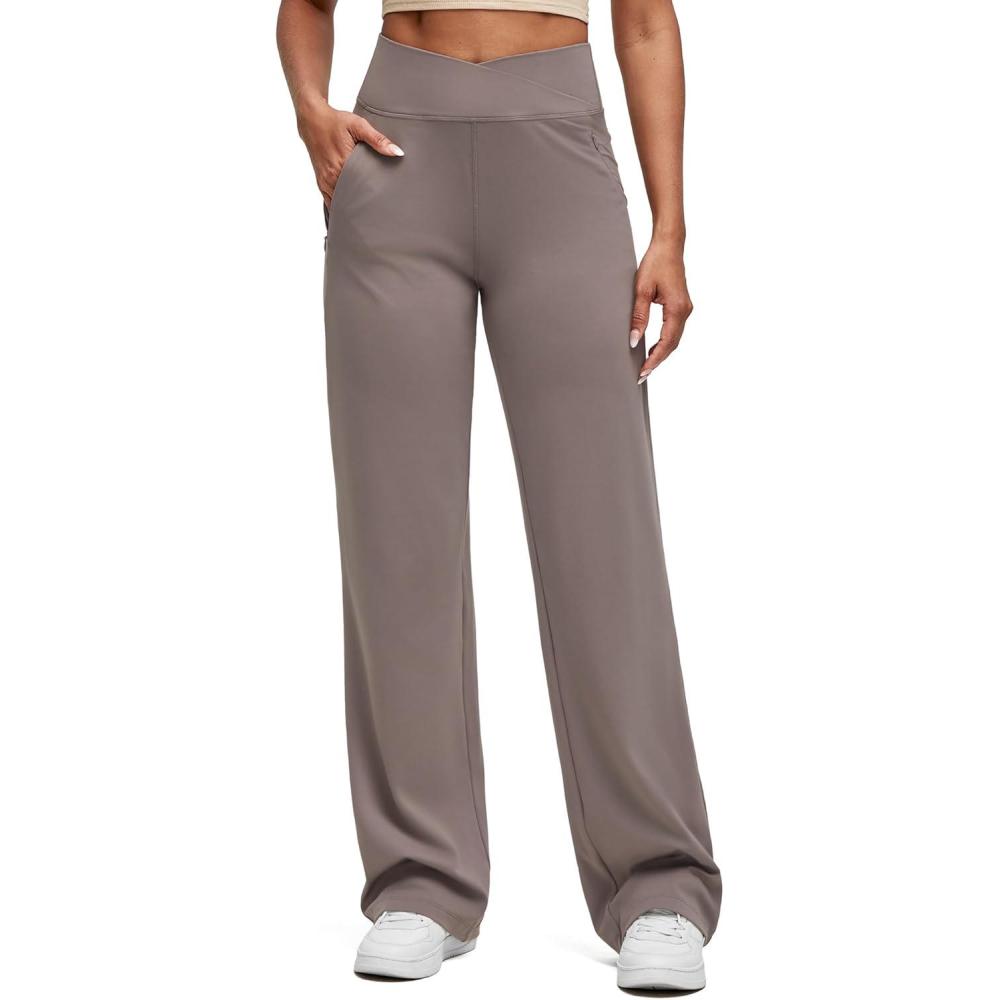 imageG4Free BareFeel High Stretch Women Wide Leg Yoga Pants Cross Waist Casual Trousers with Zipper Pockets 29quot31quot33quotTaupe