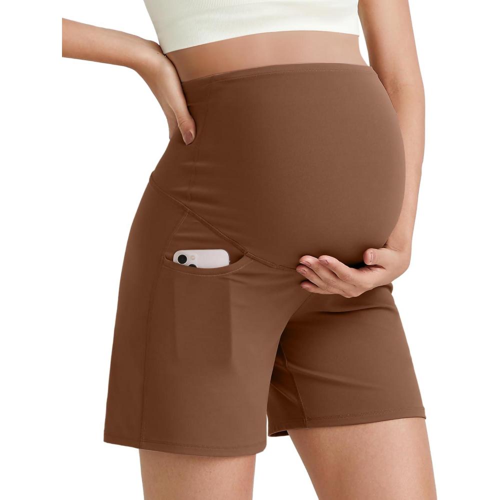 imageG4Free BareFeel Maternity Athletic Shorts with Pockets Over The Belly Workout Pants Comfy Summer Pregnancy ClothesDark Coffee