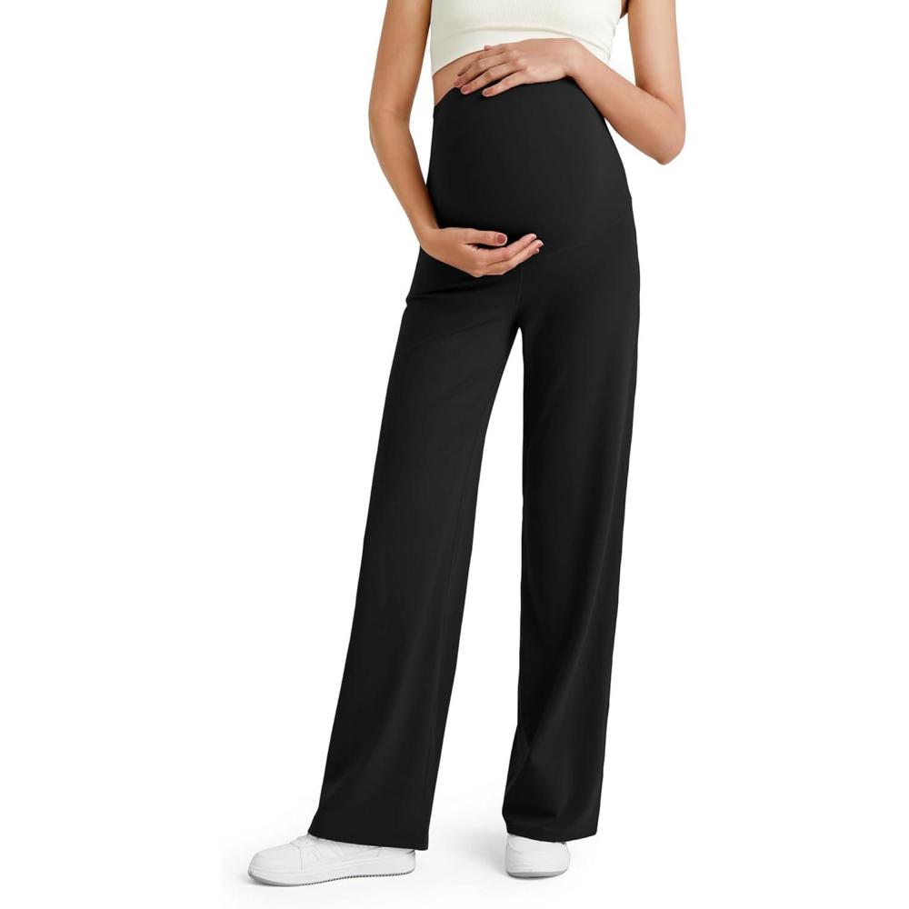 imageG4Free BareFeel Maternity Dress Yoga Pants Over The Belly Stretchy Work Slack Pregnancy Wide Leg Lounge TrousersBlack