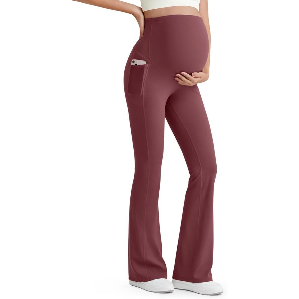 imageG4Free BareFeel Maternity Flare Leggings with Pockets Over The Belly Stretchy Casual Lounge Pregnancy Dress Pants for WorkDark Burgundy