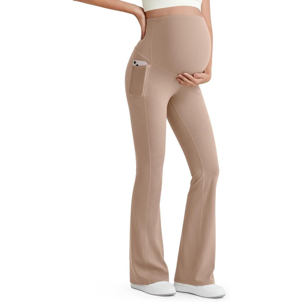 imageG4Free BareFeel Maternity Flare Leggings with Pockets Over The Belly Stretchy Casual Lounge Pregnancy Dress Pants for WorkToffee